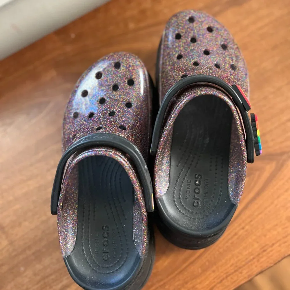 transparent irredscent glitter violet croc platform bae- queer pride collectible